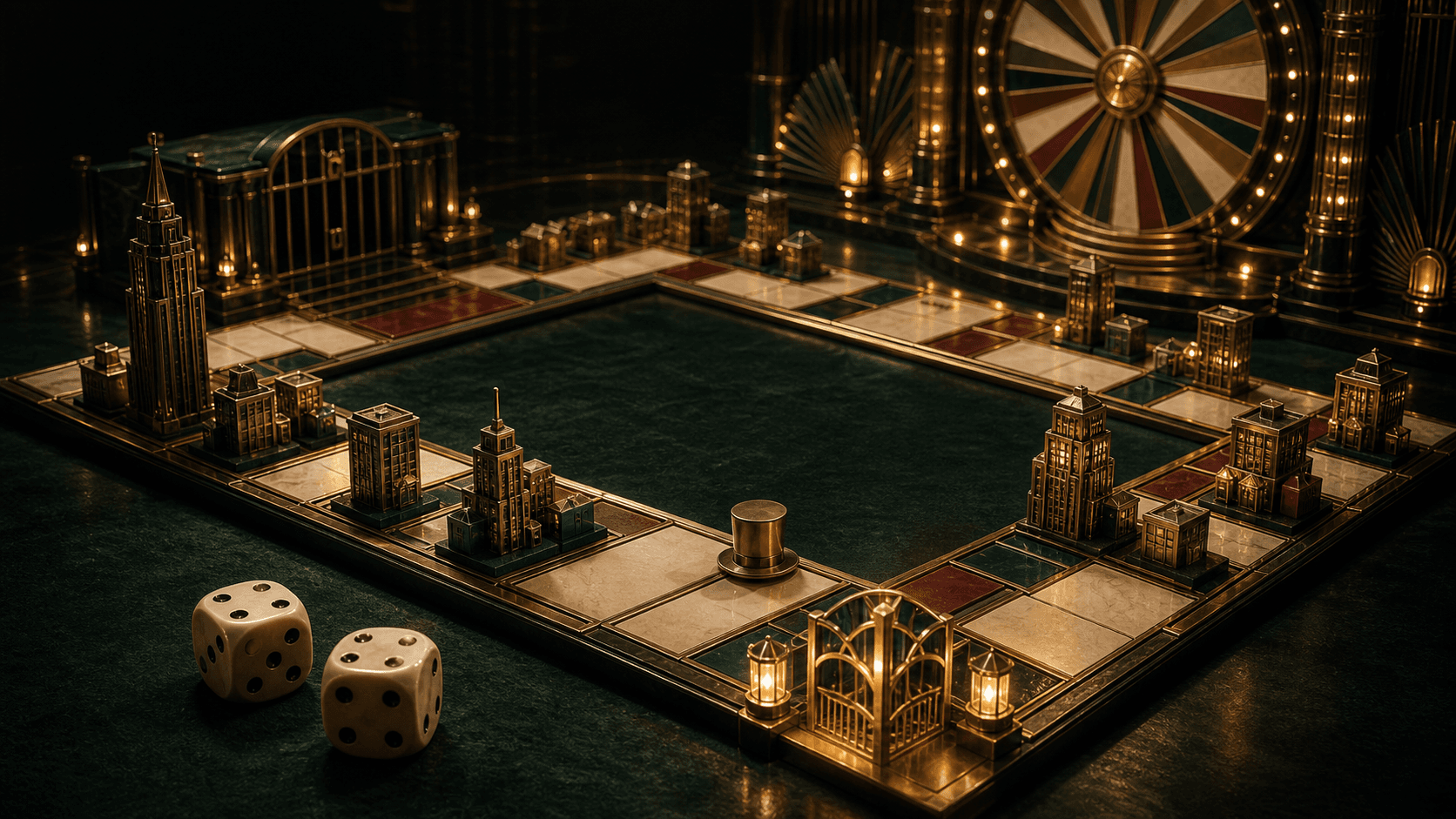 Original editorial miniature of a green and gold property path with two dice, a brass token and built-up spaces