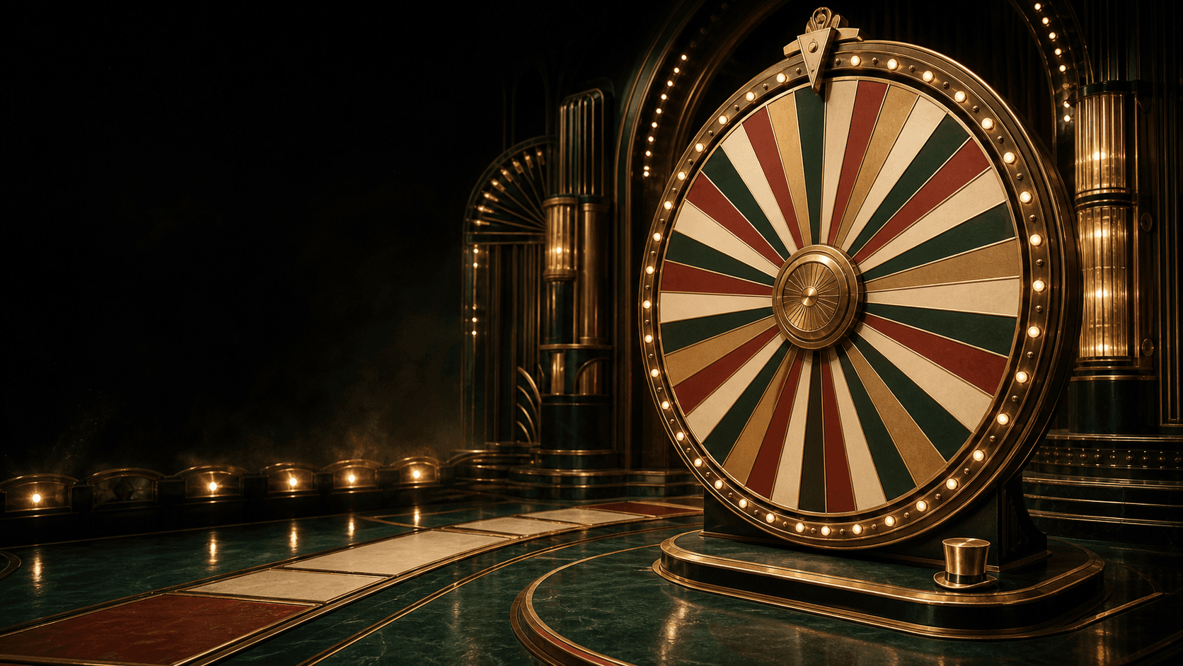 Original editorial scene of a large upright game-show wheel in a dark green and gold art-deco studio