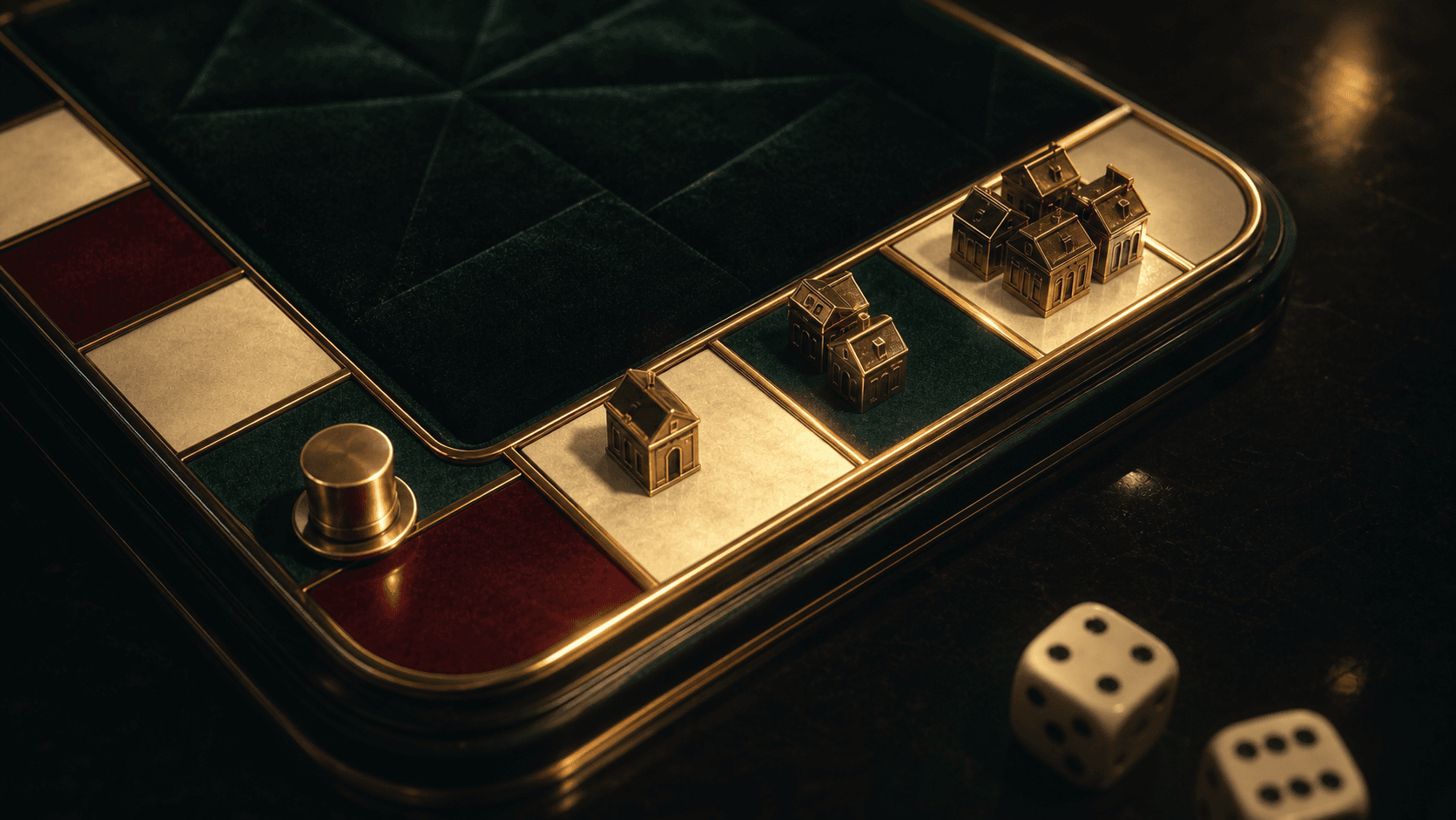Original close editorial view of brass houses building on selected squares of a green and ivory board path