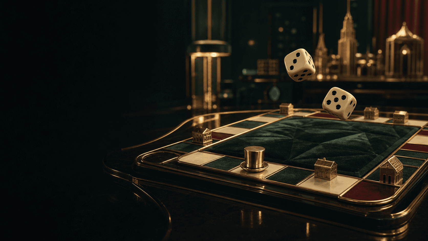 Original editorial scene of two dice above a twelve-position art-deco board track